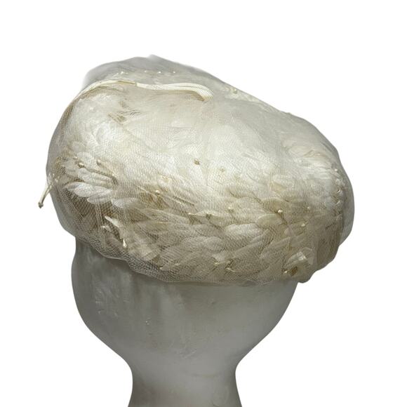 Vintage Mid Century White pillbox hat by Dana Marte bridal silk floral & beads main image 3